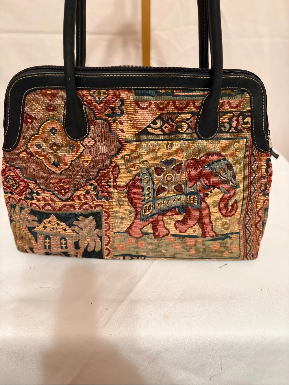 Tapestry Elephant Pattern Tote Bag - Black Trim